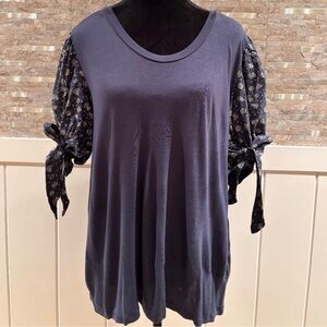 Loft Blue Short Floral Tie Balloon Sleeve Shirt Blouse Top XL Extra Large